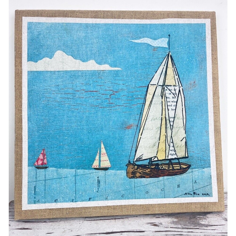 Nautical Vintage Style Coastal Sailboat Multi Media Print On Burlap Frame 18”